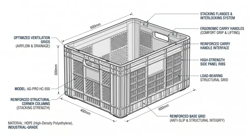 High-resolution minimalist technical illustration of an agricultural harvest plastic crate